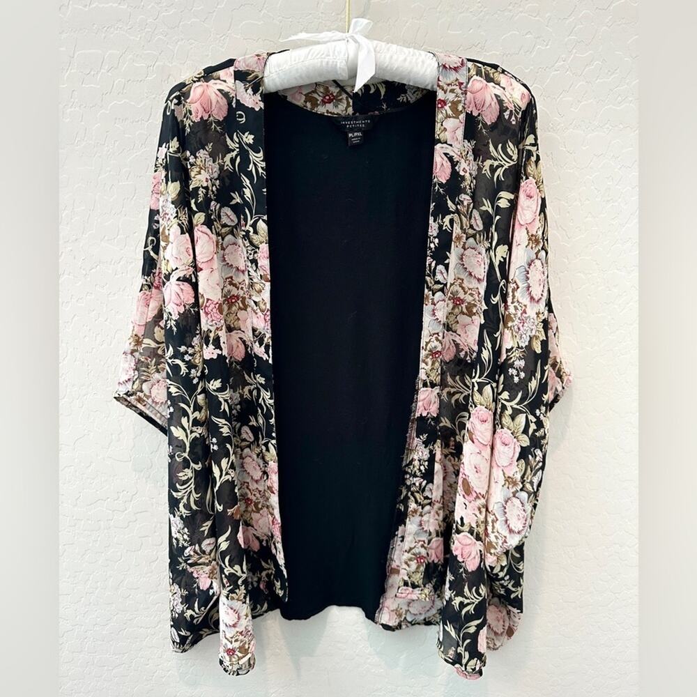 INVESTMENTS | Petites Black Pink Floral Kimono Cardigan | Large / XL